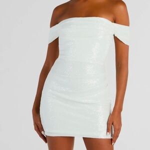 Sequined White Mini Bodycon Dress with Ruching and Off the Shoulder Neckline